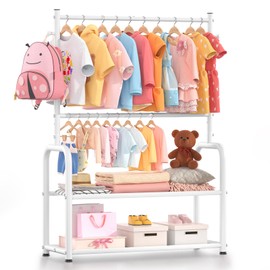 ZHKINGGS Kids Clothing Rack with 2-Layer Storage Shelf and 2 Adjustable Hanging Rods, Small Baby Closet Organizer for Hanging Clothes, Kids Dress Up Rack for Child (Classic, White)