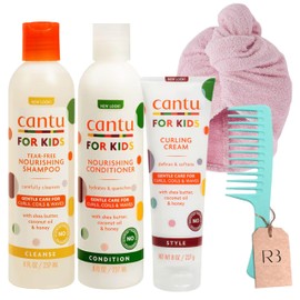 Kids Curly Hair Products Bundle with Cantu Curling Cream 227g and Cantu Care for Kids Curly Hair Shampoo and Conditioner 237ml x 2 with Rab Gifts Wide Tooth Comb and Microfibre Hair Wrap