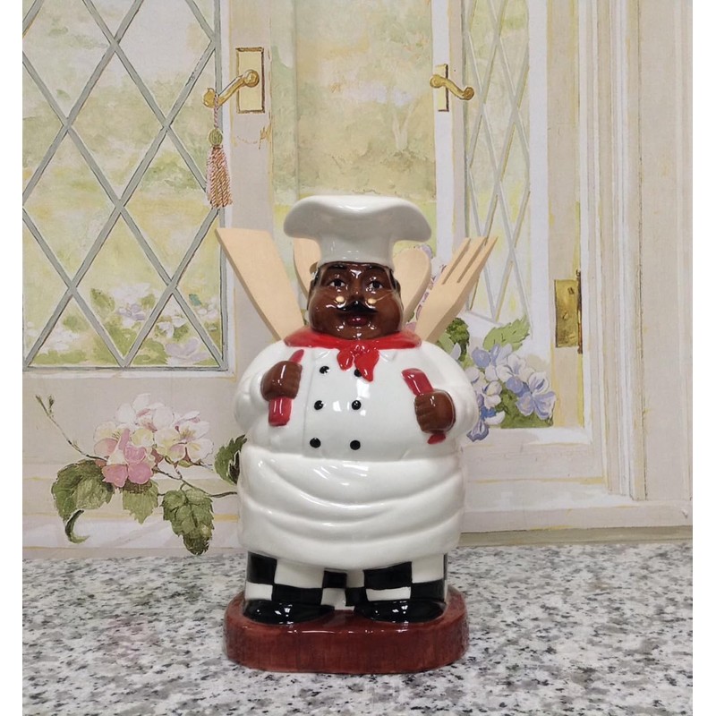 ACK Happy Bistro Chef Hand Painted Ceramic Utensil Jar, Utensil