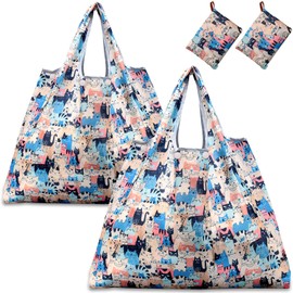 KINGMAS Reusable Grocery Bags, Eco-Friendly Folding Tote Shopping Bag fits in Pocket, Washable Waterproof Nylon Pouch Bags (2 Pack (Cat))