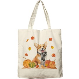 Dlzdn Fall Dog Canvas Tote Bag Aesthetic Corgi Pumpkin Reusable Shopping Grocery Bag Beach Bag Birthday Gifts for Women