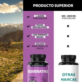 Resveratrol 100% Vegano de alto contenido en Polifenoles | Pimienta Negra Para Mejor Absorción, Vitamina C, Semilla De Uva Y Acai Beyond Vitamins Antioxidante | Vitaminas Mujer / Hombre - 60 Capsulas