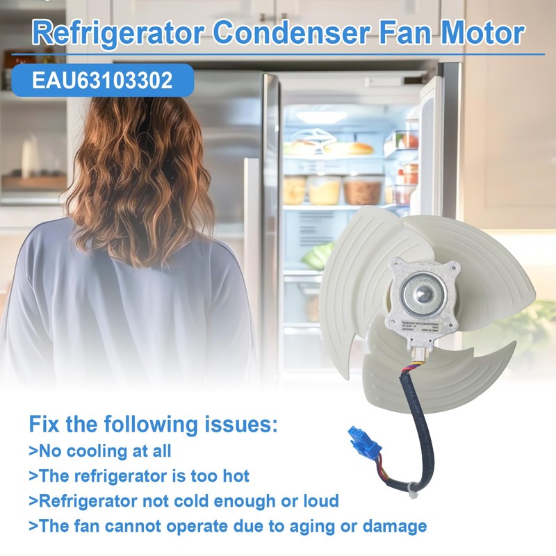 EAU63103302 Refrigerator Condenser Fan Motor Assembly Fits for LG Kenmore,Replacement
