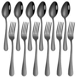 Juego de 12 tenedores y cucharas de cena de acero inoxidable chapado en negro, tenedores de servicio pesado findTop (8 pulgadas) y cucharas (7 pulgadas) juego de cubiertos, negro