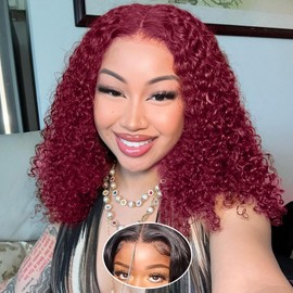 Kerberey Wear and Go Bob Wig Human Hair Deep Wave Glueless Wigs Human Hair Pre Plucked Pre Cut 99j Burgundy 5x5 HD Lace Closure Curly Wigs for Black Women Lace Front Glueless Wigs Human Hair 14inch