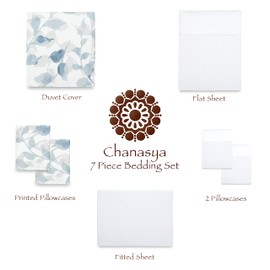 Chanasya Premium 7-Piece King Duvet Cover Set - Costal Blue White Leaves Print Microfiber Bedding Combo - 1 Duvet Cover, 4 Pillow Shams, 1 Fitted Sheet, and 1 Flat Sheet