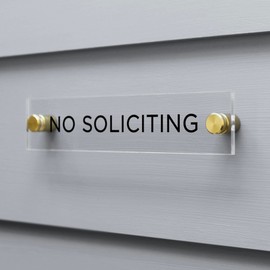 Clear Acrylic No Soliciting Sign, Modern Design Door Sign, Minimalist Design, Includes mounting Hardware. 7" X 1.5". Guaranteed not to Yellow! | Black Text