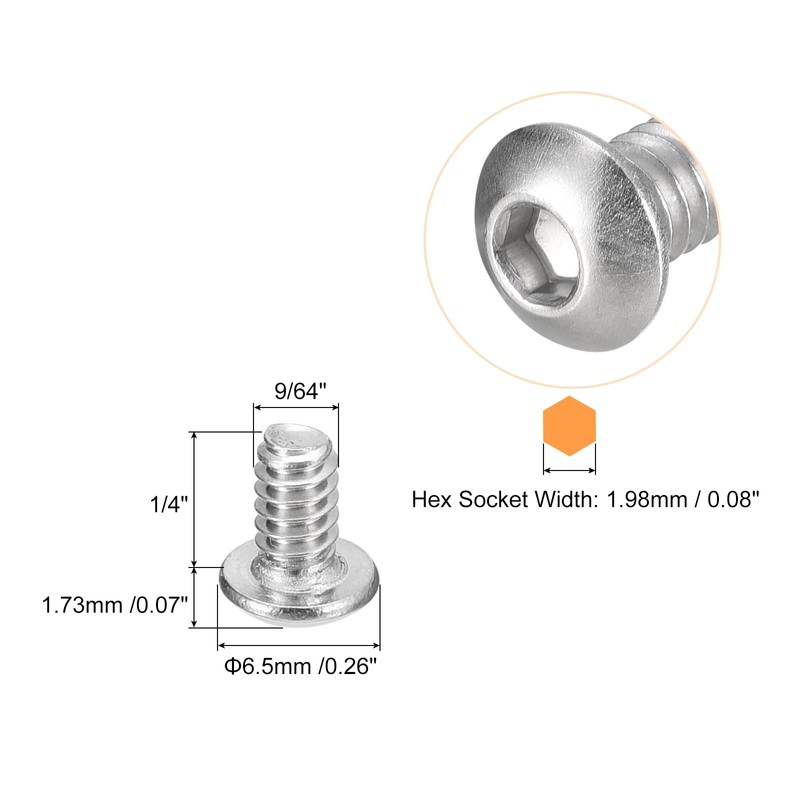 QUARKZMAN #6-32x1/4 Inch Switch Head Socket Cap Screws 50pcs 304
