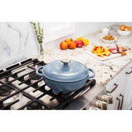 Lodge 3 Quart Enameled Cast Iron Dutch Oven with Lid – Dual Handles – Oven Safe up to 500° F or on Stovetop - Use to Marinate, Cook, Bake, Refrigerate and Serve – Storm Blue