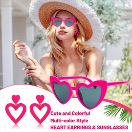 Double Heart Earrings Dangling Heart Drop Earrings For Women and Heart Shaped Sunglasses Set, Chic Outfit Jewelry Fan Gifts (D-New Pink Set)