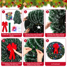 Wavwavw LED Christmas Car Spare Tire Decoration Make Your Own Truck Wreath 98.4 ft Tinsel Garland 24 Pcs Christmas Balls Ornaments Battery Operated Lights Outdoor Festive Accessory Decor(Dark Green)