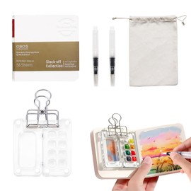 Mini Watercolour Palette Set 8 Grid Acrylic Mini Travel Palette, Portable Storage Bag, Painting Pens, Sketchbook, Binder Clip for Painters Artists Students