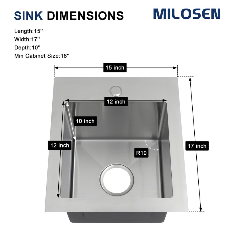 MILOSEN Bar Sink 15''×17'', Drop in T304 Stainless Steel Sink,