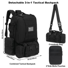 Yusudan Tactical Backpack for Men Women, Large Waterproof Military Backpack Detachable Molle Backpack Army Assault Pack (Black)