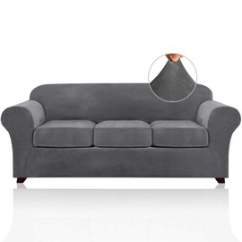 4 Pieces Sofa Covers Stretch Velvet Couch Covers for 3 Cushion Sofa Slipcovers Soft Sofa Slip Covers Furniture Covers with 3 Individual Seat Cushion Covers, Machine Washable (Large, Grey)