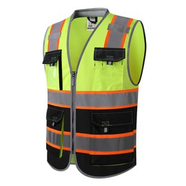 JKSafety Safety Vest for Men Women Hi Vis with Pockets and Cushioned Collar Reflective High Visibility Vest Class 2 Meet ANSI Standard YellowBlack Color Extended Orange Strips (BX360-YBLK L) 1 Piece