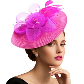DRESHOW Mesh Women's Flower with Pearl Feather Fascinators Hat on a Headband and a Forked Clip Cocktail Tea Party Headpiece for Girls & Women Noble Kentucky Hat, 19-deep pink, Unit size