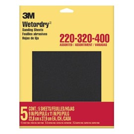 3M Wetordry - Papel de lija 5 hojas, 9 x 11 pulgadas, grano surtido (220/320 / 400), uso para lijar en húmedo y seco, para lijar entre capas de barniz, laca, pintura y otros acabados (9088DC-NA)
