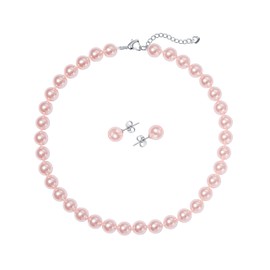 LZMEI 10mm Faux Pearl Necklace and Earrings Set, Adjustable Imitation Pearl Necklace, Elegant Jewelry for Wedding Bridal Party Daily Wear, 2PCS Jewelry Set for Women (Pink, 16 inches)