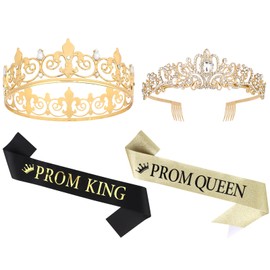 ACO-UINT 2 Pcs Prom King & Queen Crown and Sash Set Birthday Crowns for Men Women Prom Accessories (Gold)
