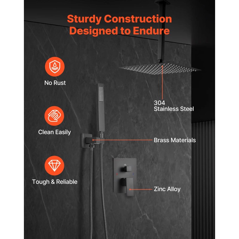 12 Inch Square Rain Shower Head Handheld Spray Ceiling Mount