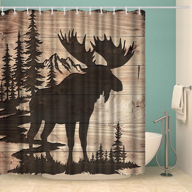 Artmyharbor Moose in Forest Silhouette Cabin Shower Curtain Woodland Print