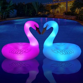 FlyfreeU Solar Powered Inflatable Swan Pool Floats with Lights, LED RGB Color Changing Light Up Pool Floats Adult, 42'' Large Swan Pool Floaties, Lake Floats Summer Pool Raft Lounge for Adults - 2 PC