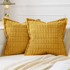 MIULEE Mustard Yellow Corduroy Decorative Throw Pillow Covers Pack of 2 Soft Striped Pillows Pillowcases with Broad Edge Spring Winter Modern Boho Home Decor for Couch Sofa Bed 20x20 Inch