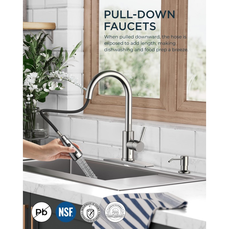 FORIOUS Kitchen Faucets with Soap Dispenser and Pull Down Sprayer,