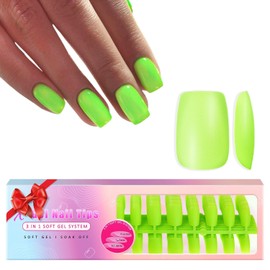 KQueenest Neon Green Gel Nail Tips - 300 Pcs Medium Square Press on Nails Kit, Pre-Applied Tip Primer Acrylic Fake Nails, Vibrant Pre-Colored Short Coffin Gel Tip Nails Extensions for DIY 15 Sizes
