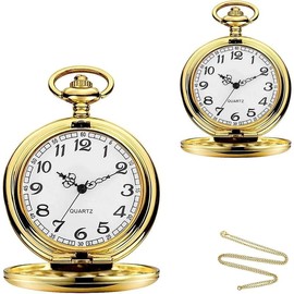 Set of 2 Classic Pocket Watch with Chain for Men and Women - Color: Gold Gold