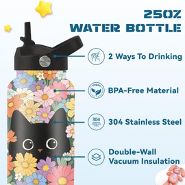 Gifts for Cat Lover, 25oz Black Cat Water Bottle with 2 Lid & Straw - Cats Flowers Insulated Water Bottles, BPA-free Leakproof Sports Waters Bottle for School Travel, Gift Cup for Cats Mom Dad