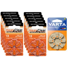 Hear Clear Size 13 PR48 Hearing Aid Batteries 1.45V Orange Tab (60 Batteries) + Bonus Varta 8 Pack