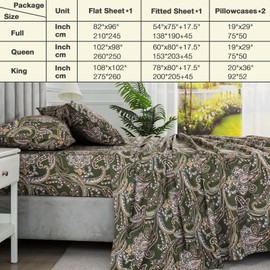 Puralens Cotton Percale Green Paisley Boho Bed Sheets Queen 4Pcs Set, Luxury Vintage Extra Deep Pocket Fitted Sheet Sets, Aesthetic Soft Breathable Bedsheets, Shabby Chic Bedding