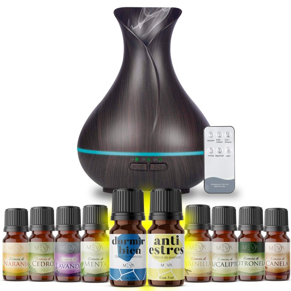 MEVA DIFUSOR de Aceite Aromas Esencial aromaterapia con 10 esencias de Regalo, ULTRASONICO,humificador de Aceite Esencial (Chocolate)