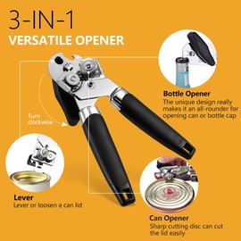 Can Opener Handheld Strongest Heaviest Duty, Manual Can Opener Ergonomic Designed Comfort Grips, Sharp Cutting Wheel for Smooth Edge Cut,with Large Turn Knob, Easy to Use Black
