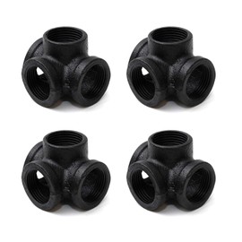 1/2" Black 4-Way Side Outlet Tee, Home TZH 4-Pack 4-Way Corner Cast Black Malleable Iron Pipe Fitting for Industrial Pipe, Furniture and DIY Decoration (4, Black 1/2 Inch)