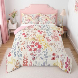 Erosebridal Cute Red Floral Comforter Set Full Size,Boho Colorful Flower Bedding Set for Kids Girls Bedroom Decor,Watercolor Wild Flowers Quilt Bed Set Rustic Wildflower Bed Comforter Set 3Pcs