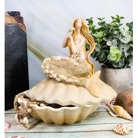 Ebros Gift Sand Brown Abstract Mermaid Sitting On Giant Sea Shell Jewelry Box Figurine With Sea Shell Ornaments 7" High Nautical Ocean Mermaids Siren Of The Seas Home And Bathroom Decorative Statue