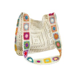 QWINEE Women's Boho Embroidery Crossbody Bag Hollow Out Crochet Knit Shoulder Bag Tote Handbag Beige One Size