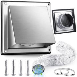 Threlaco 4" Dryer Vent Cover with Hose Fine Mesh Stainless Steel Wall Mount Extractor Vent Cover with Non Return Flap Exhaust Fan Kit for Anti-insect Bird Bathroom Ceiling Washer Air Circulation
