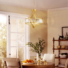 Majhoiw Gold Crystal Chandeliers for Dining Room Modern Round 4 Lights Fixture Rustic Pendant with Metal Lampshade for Living Room Hallway Bedroom Foyer, Requires Installation