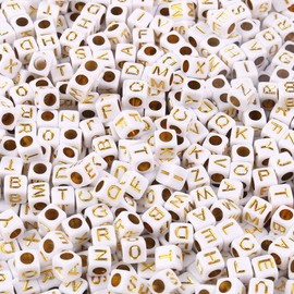 Acrylic Letter Beads Alphabet Gold Letters White Cube Bead, 6×6mm 1200pcs, for Friendship Bracelets and Gifts Souvenir Jewelry Making
