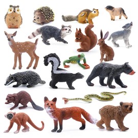 SIENON 18 figuras de animales del bosque, figuras de animales del bosque, juguetes de animales en miniatura con búho, erizo, zorro, ardillas, osos, mono para decoración de pasteles temática del bosque