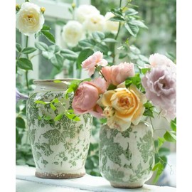 SYDDOL White Ceramic Vase, Small French Country Style Porcelian Vase Hand Painted Floral Design with Vintage Crackle Glaze for Wedding Dinner Table Office Bedroom - 5.5 Inch / 14 CM (Green)