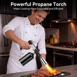 Kimmzii Propane Torch with Felt Storage Pouch, One-Tap Max Flame, Safety Lock, Adjustable Precision Flame, Kitchen Blow Torch Gun for Sous Vide, Searing Steak, BBQ Grill, Camping (Tank Not Included)