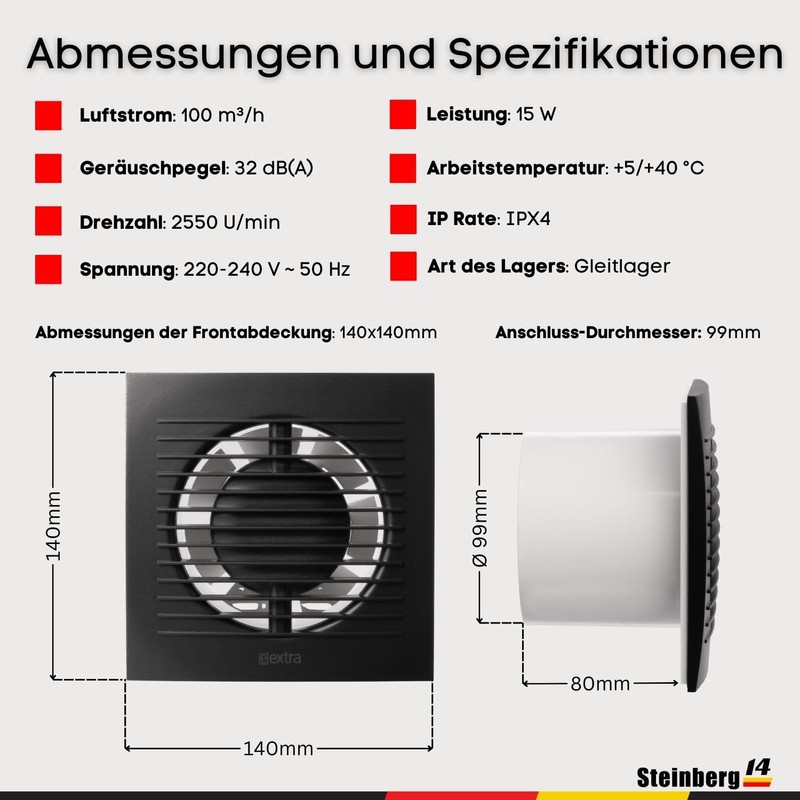 Steinberg14 Extractor Fan Diameter 100 mm Anthracite Bathroom Fan Fan