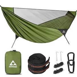 Camping Hammock with Mosquito Net – Portable Parachute Nylon Hammock Tent with Tree Straps, Camp Rope & Stake - for Hiking, Backpacking, Travel, Backyard, Beach – Holds Up to 500lbs (Green)