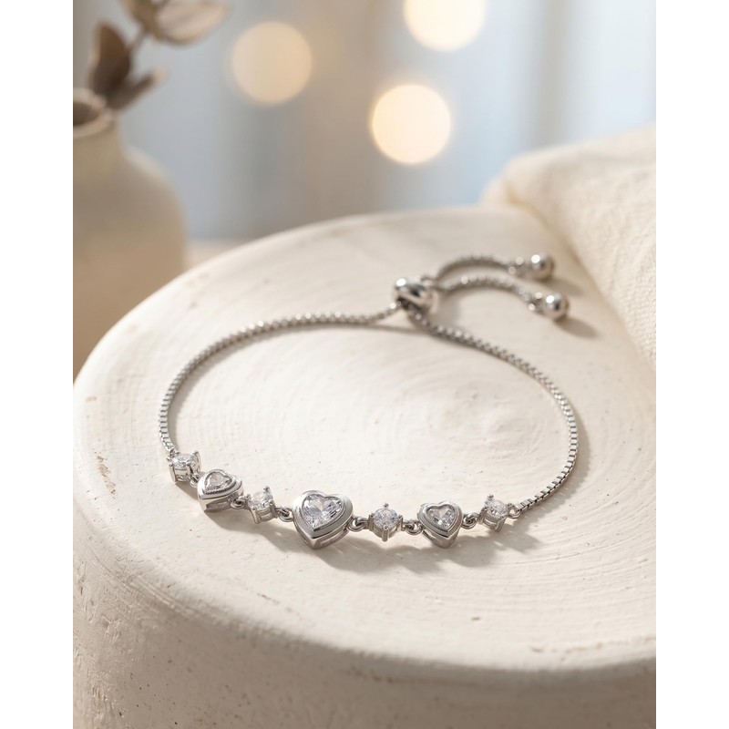 Silver Adjustable Cubic Zirconia Heart Bracelet for Women, Dainty Stackable