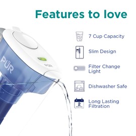 PUR 7-Cup Water Filter Pitcher with 1 Genuine PUR Filter, 3-in-1 Powerful Filtration, BPA Free, Dishwasher Safe, White, PPT710WA